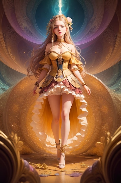 Uma imagem de desenho animado de uma garota com um vestido dourado e uma saia dourada.