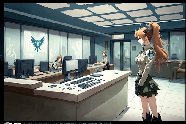 Uma imagem de desenho animado de uma mulher em um uniforme militar com uma águia no topo.