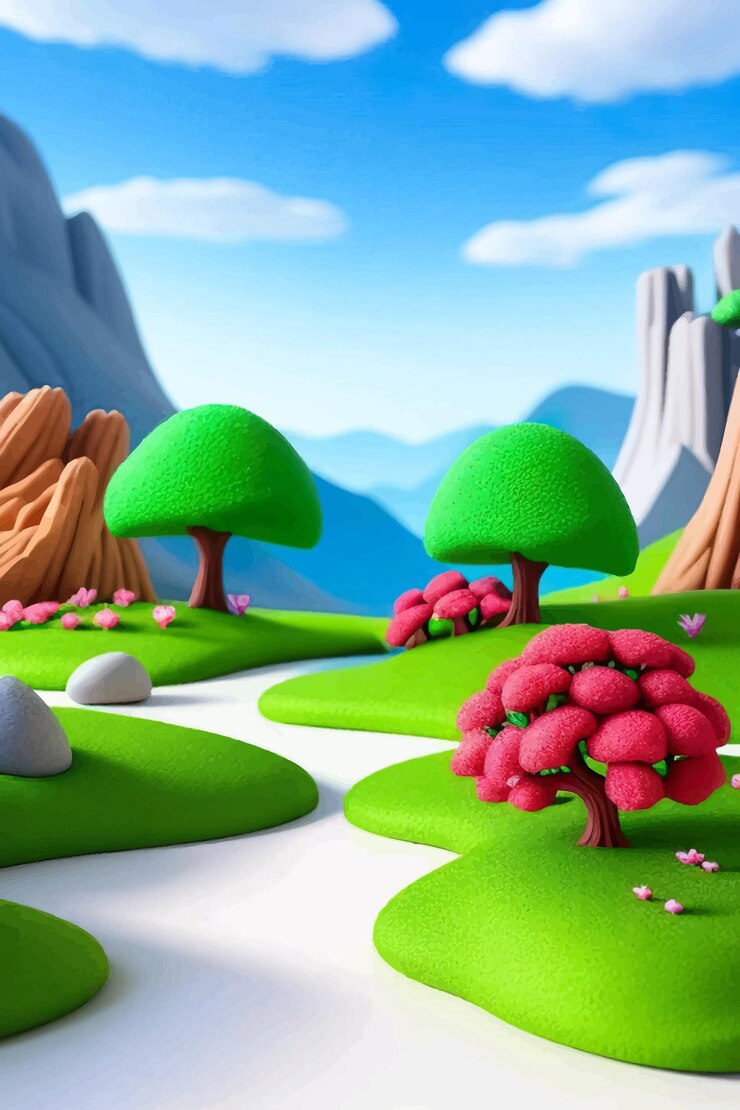 Foto uma imagem de desenho animado de uma paisagem com uma árvore e rochas