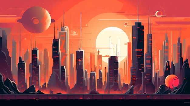 Foto uma imagem de desenho animado do pôr do sol com paisagem futurista da cidade