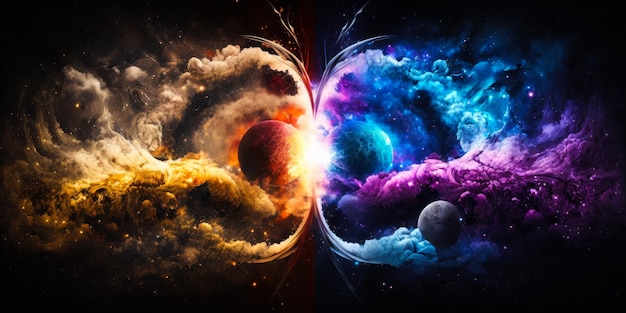 Uma imagem de dois planetas de cores diferentes no espaço Generative AI