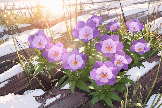 Uma imagem de flores roxas na neve