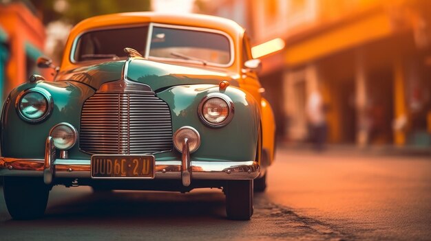 Uma imagem de foco suave de um carro vintage com uma ilustração gerada por IA superficial