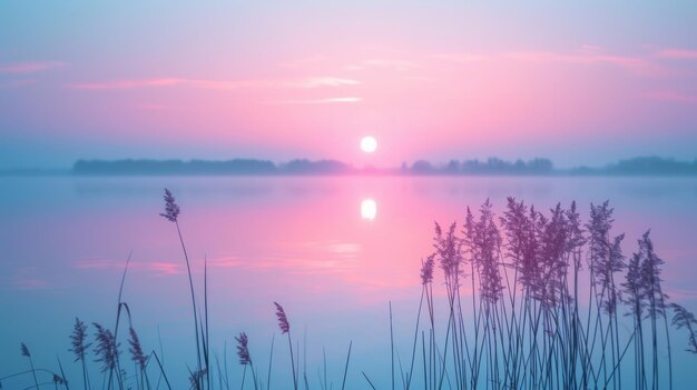 Uma imagem de foco suave de um nascer do sol pastel sobre um lago calmo