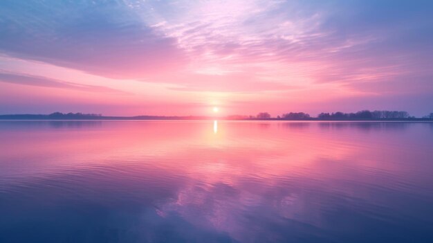 Uma imagem de foco suave de um nascer do sol pastel sobre um lago calmo