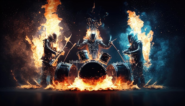 Uma imagem de fogo e chamas de um baterista tocando bateria.