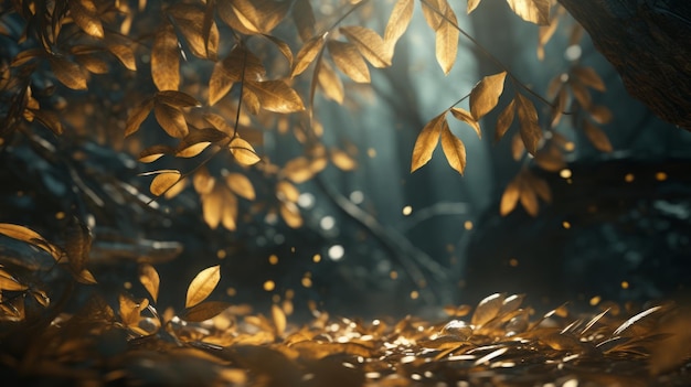 uma imagem de folhas no chão na floresta
