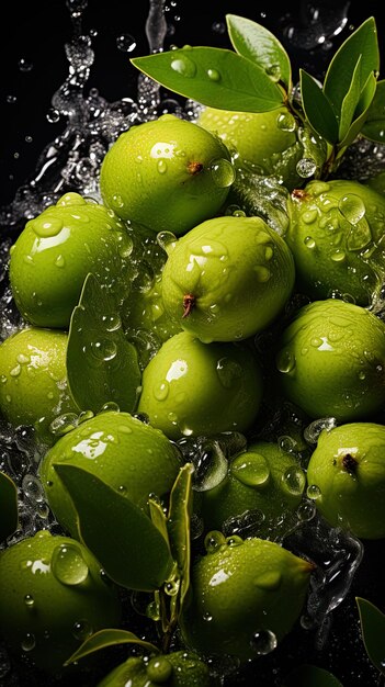 Foto uma imagem de fruta verde sendo pulverizada com água