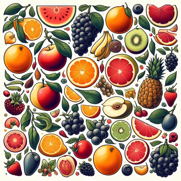 Foto uma imagem de frutas com a palavra fruta sobre ela diferentes frutas conjunto ilustração