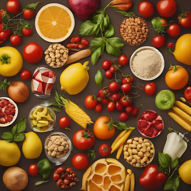 Foto uma imagem de frutas e legumes, incluindo feijões, nozes e nozes