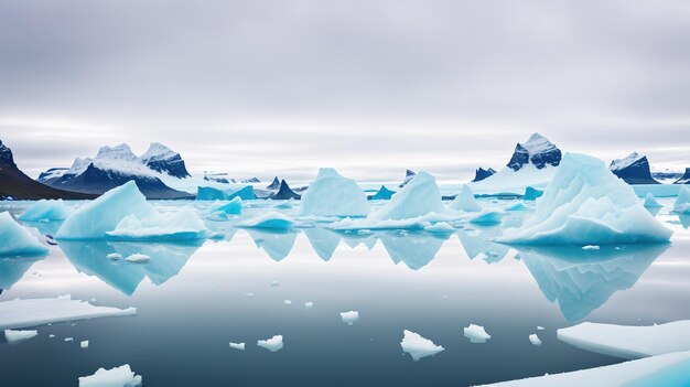 Uma imagem de icebergs e montanhas na água.