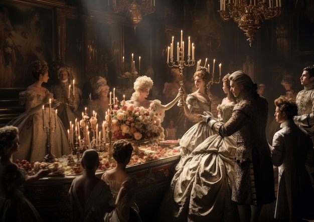 Foto uma imagem de inspiração barroca de uma luxuosa festa de aniversário em um palácio a cena está repleta de opul