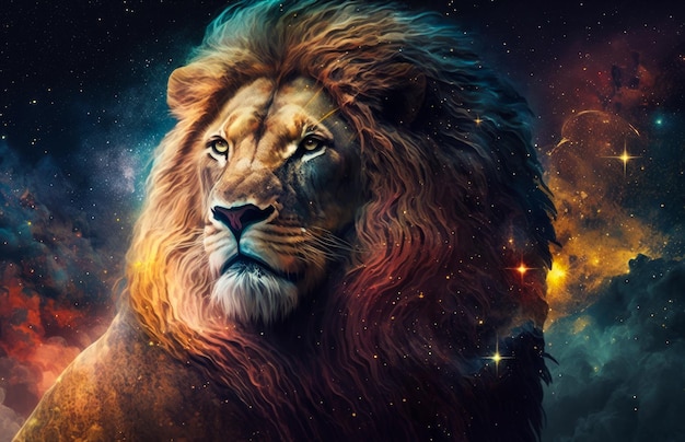 Uma imagem de leão com estrelas ao fundo Generative AI