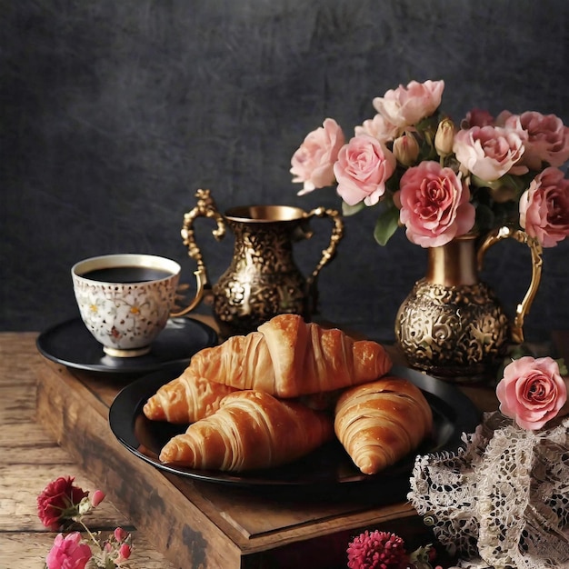 Foto uma imagem de natureza morta com croissantes, café, chocolate e flores