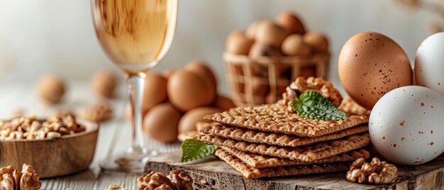 Uma imagem de nozes de ovo matzo e vinho para a celebração da páscoa sobre um fundo branco