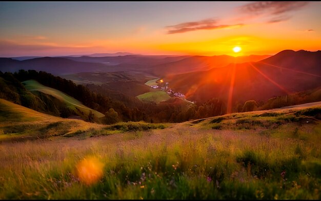 Uma imagem de paisagem com colinas e pôr-do-sol é gerada