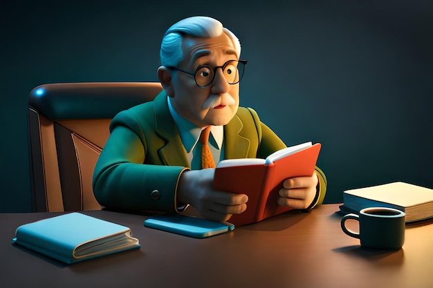 Uma imagem de personagem de desenho animado de um homem idoso sentado em uma mesa com um livro na mão para ler