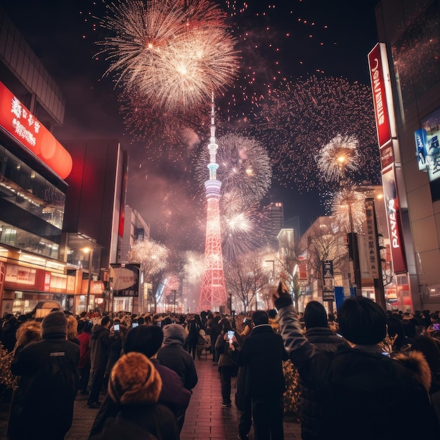 Uma imagem de pessoas celebrando o ano novo no Japão