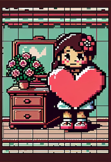 Foto uma imagem de pixel art de uma menina segurando um coração na frente de um espelho.
