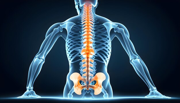 Uma imagem de raios-X mostrando desalinhamento vertebral e protuberância do disco na região lombar