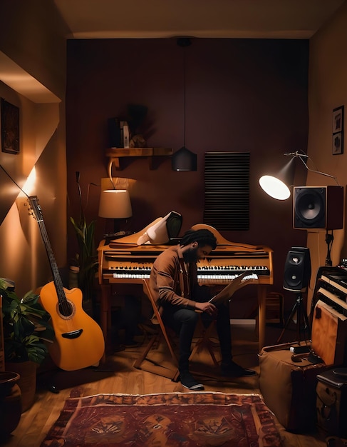 Uma imagem de softbox escura de um músico compondo música em um estúdio doméstico com instrumentos e gravação