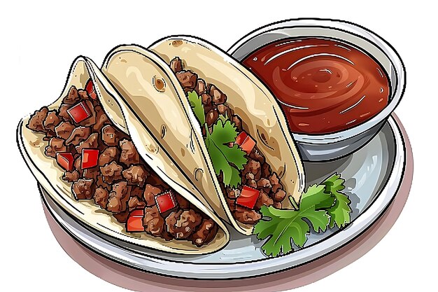 uma imagem de tacos e uma tigela de comida com uma palmeira no fundo