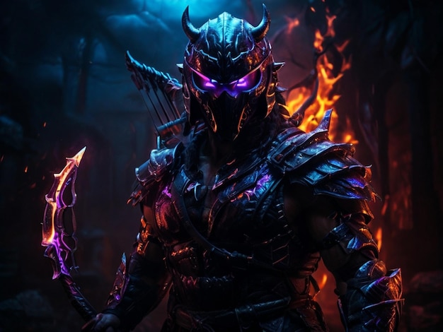 uma imagem de tela de um cavaleiro em uma sala escura com chamas e um dragão ao fundo