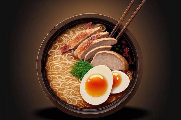 Uma imagem de Tonkotsu Ramen preparado na hora ou macarrão ramen em caldo de porco juntos