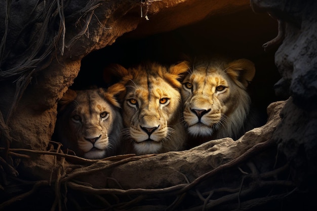 uma imagem de três leões em uma caverna com um tronco no fundo