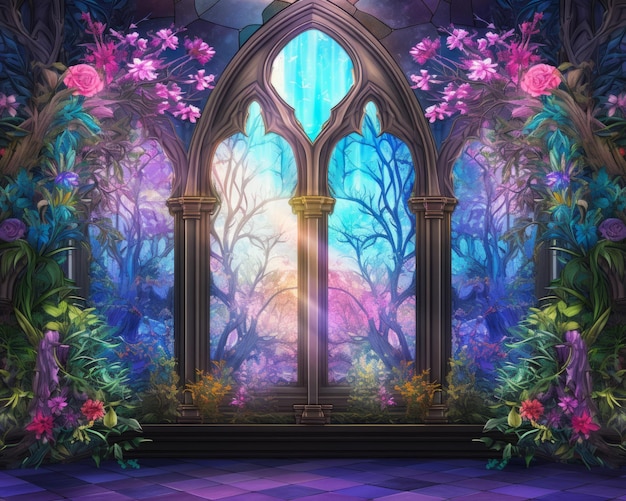 uma imagem de um arco com flores e árvores