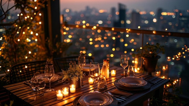 Foto uma imagem de um cenário romântico no telhado com velas de luzes de fadas e uma vista panorâmica da cidade