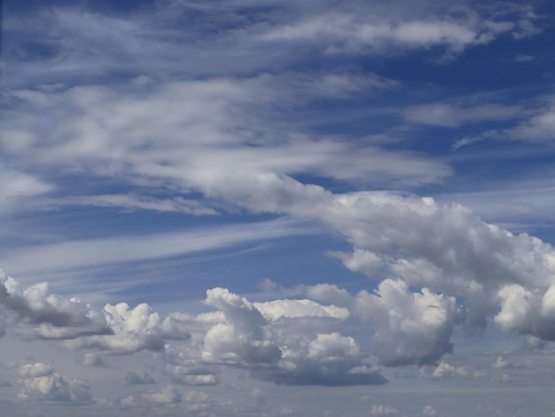 Uma imagem de um céu azul de verão com um belo padrão de nuvens brancas de várias formas