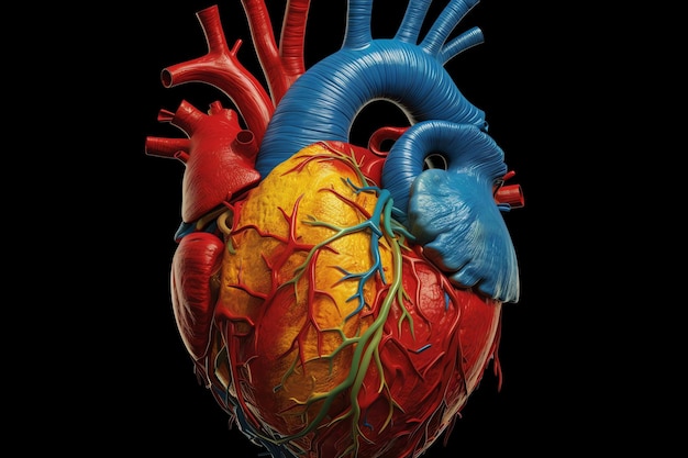 Uma imagem de um coração humano com um coração azul e amarelo nele.