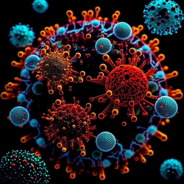 Uma imagem de um coronavírus com pontos azuis e vermelhos.