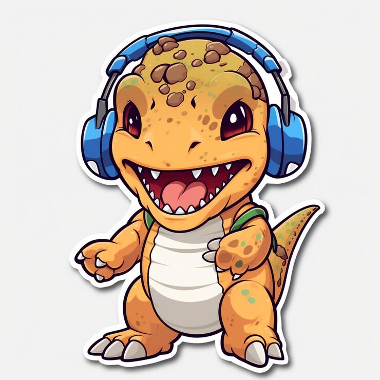 Foto uma imagem de um dinossauro com fones de ouvido