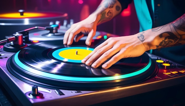 uma imagem de um DJ girando discos de vinil em turntables em uma boate