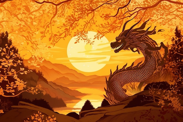 uma imagem de um dragão empoleirado no pico de uma montanha