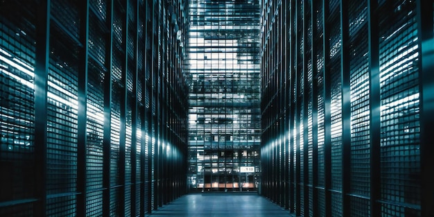 Uma imagem de um edifício com grades de metal