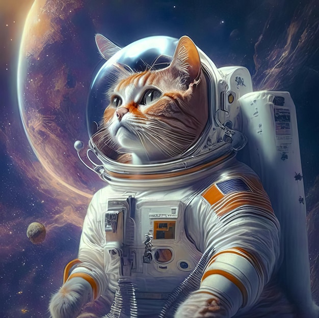 Uma imagem de um gato astronauta em uma galáxia colorida de bolhas em outro planeta