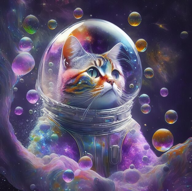 Uma imagem de um gato astronauta em uma galáxia colorida de bolhas em outro planeta