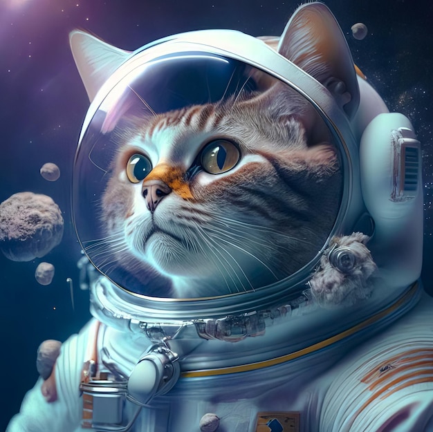 Uma imagem de um gato astronauta em uma galáxia colorida de bolhas em outro planeta