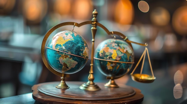 Foto uma imagem de um globo mundial em uma escala dourada o globo está inclinado para um lado sugerindo que o mundo está desequilibrado