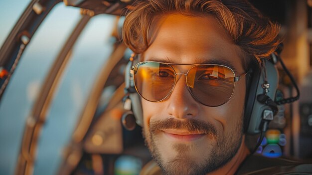 Uma imagem de um homem autoconfiante pilotando uma aeronave