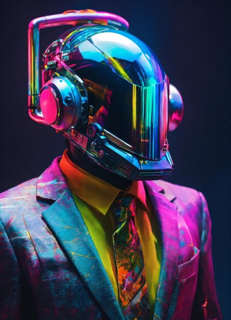 uma imagem de um homem de terno e capacete no estilo do ciberpunk surrealismo esculturas móveis chro