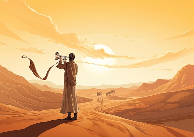 uma imagem de um homem no deserto tocando uma ilustração de buzina