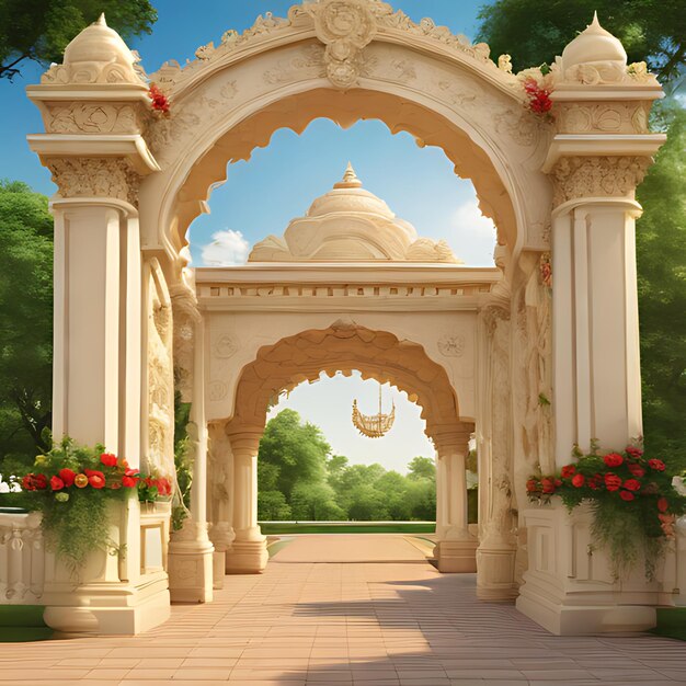 uma imagem de um jardim com um grande arco e um arco grande com flores nele