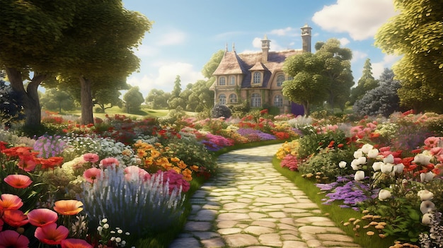 Uma imagem de um jardim inglês clássico com um caminho sinuoso ladeado por uma variedade de flores desabrochando