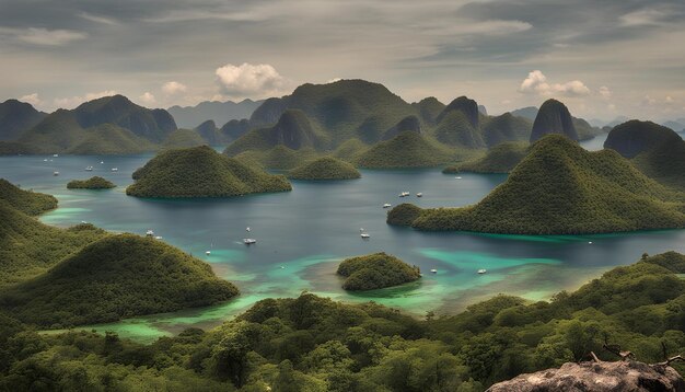 uma imagem de um lago com barcos nele