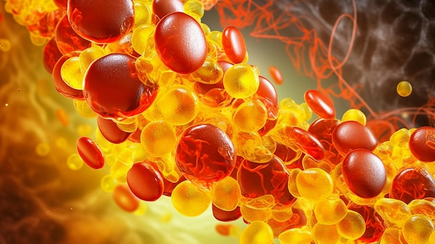 uma imagem de um líquido vermelho e amarelo com células rotuladas.