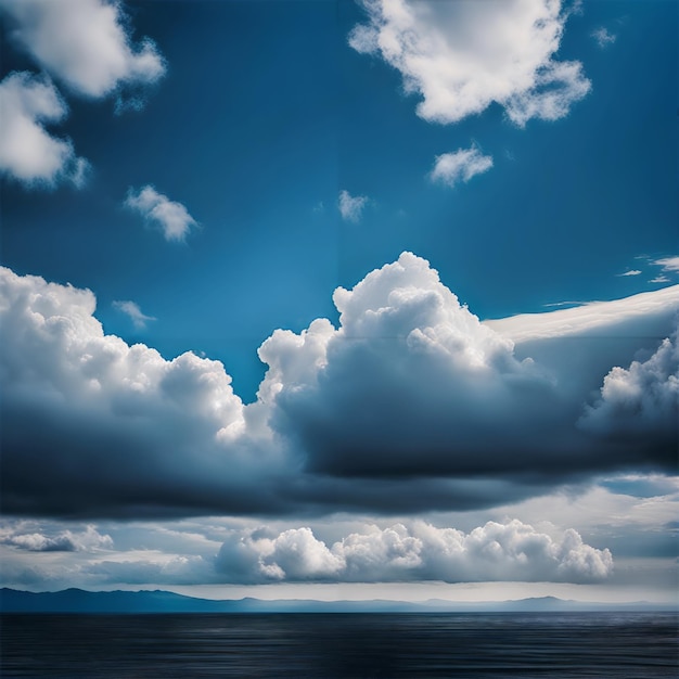 uma imagem de um mar com nuvens e montanhas ao fundo